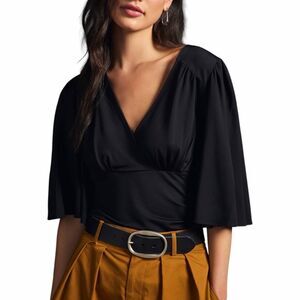 ANTHROPOLOGIE Women’s Black Elbow Sleeve Draped V-Neck Blouse Size XS